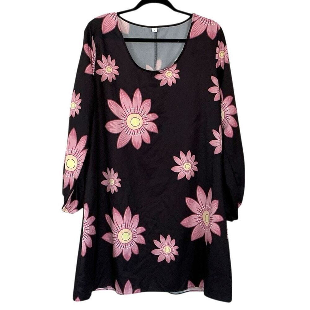 Black and Pink Flowered Long Open Sleeve Dress  L